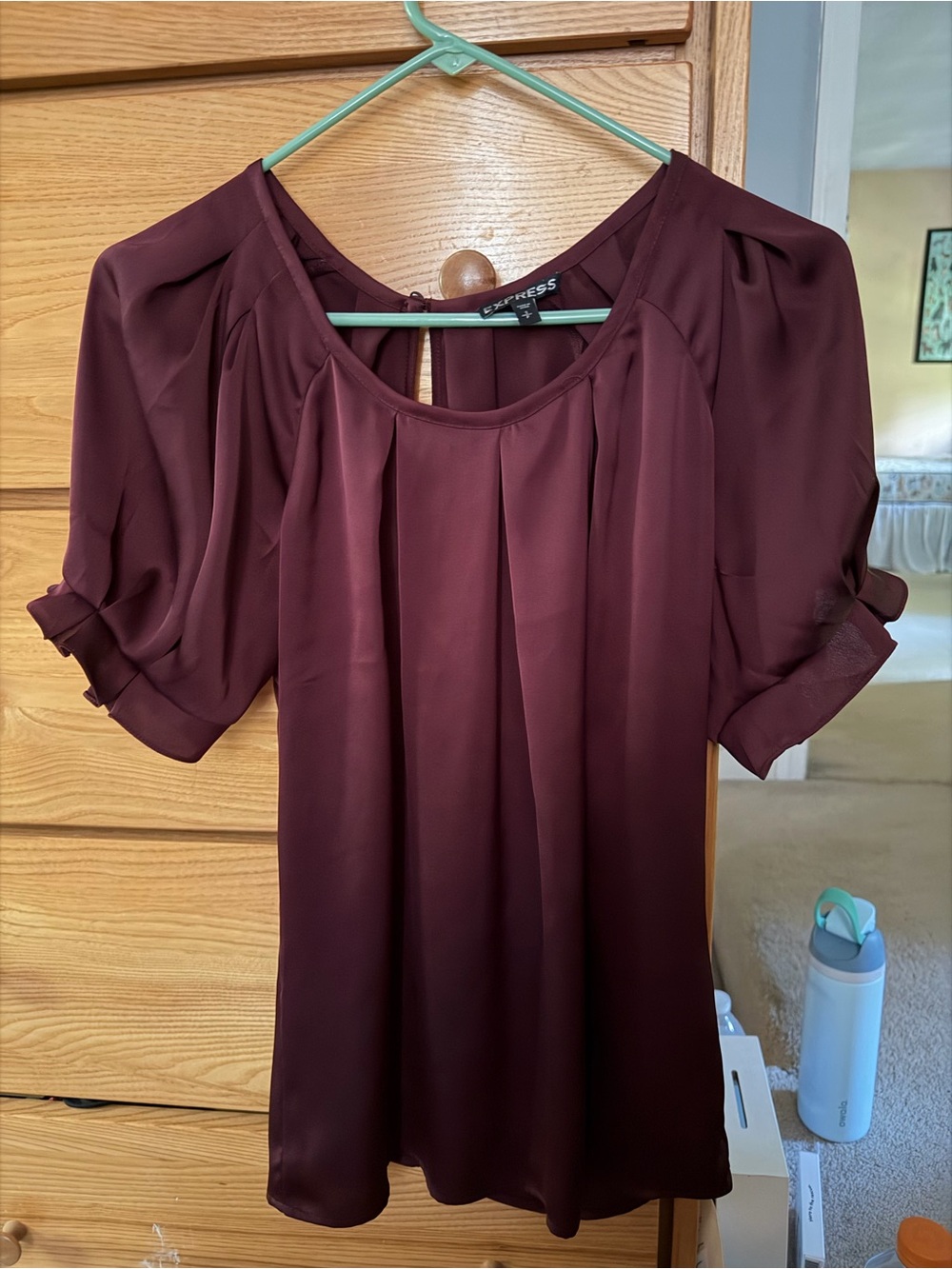 Express Women's Wine Satin Puff-Sleeve Top